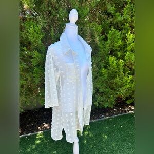 Elegant White Sheer Swiss Dot Embroidered Women's Long Sleeve